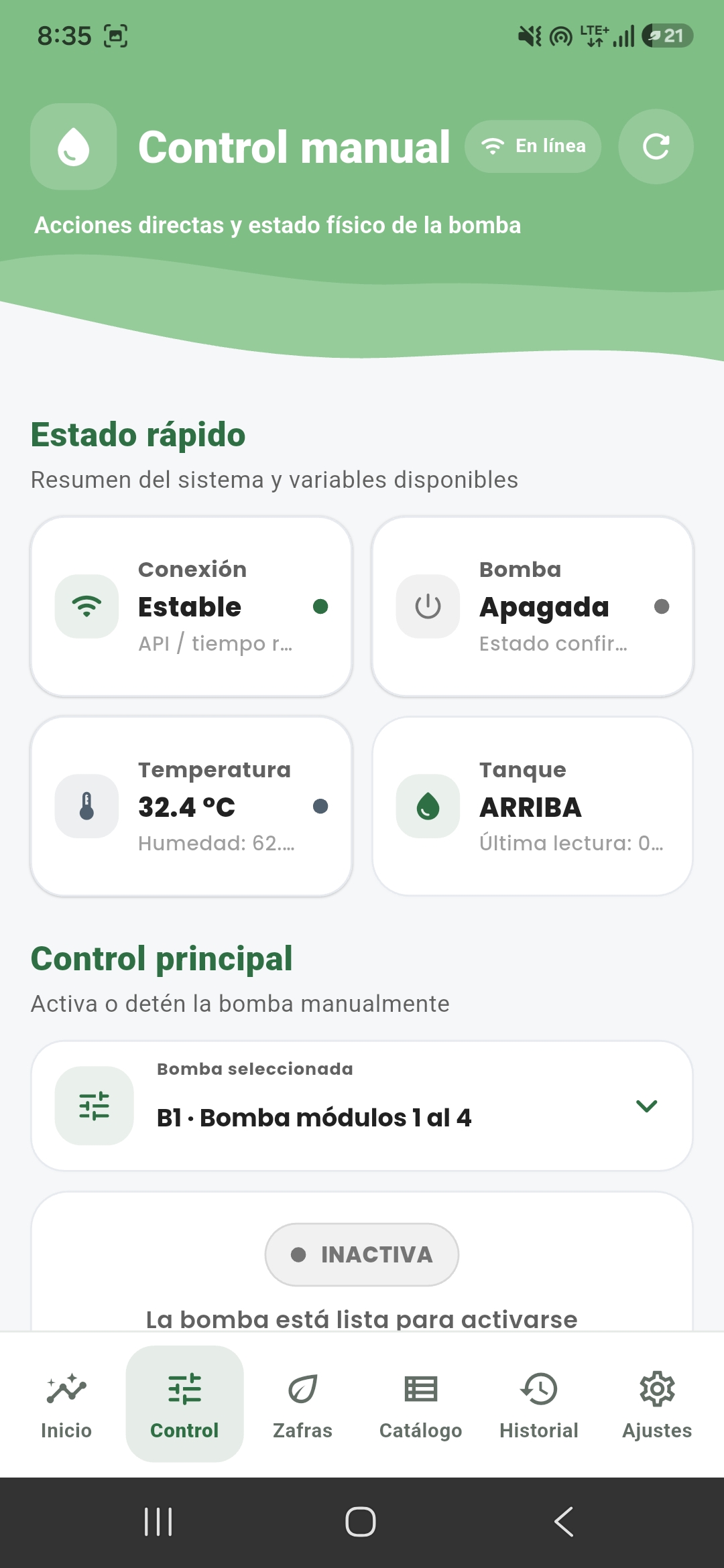 Pantalla de control manual de la bomba del sistema FVH