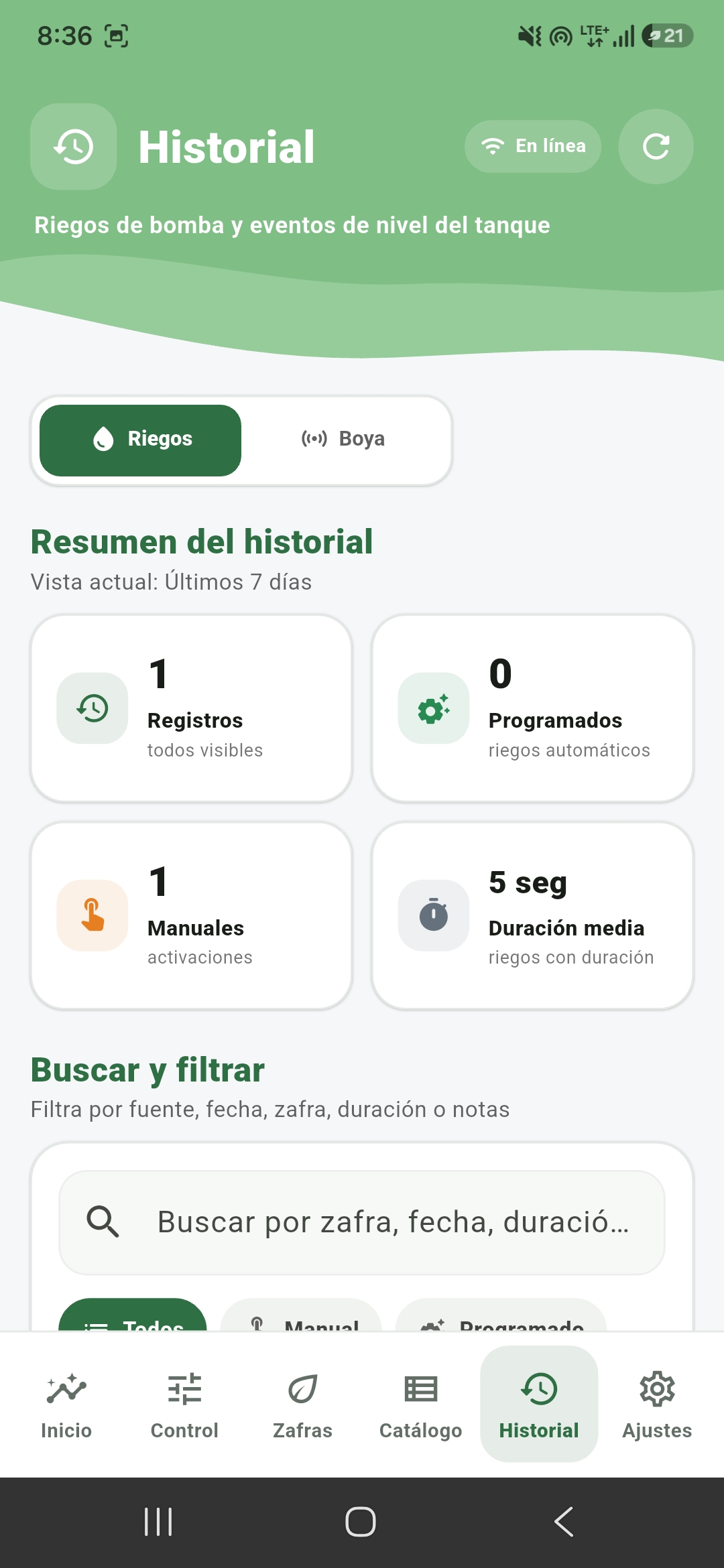 Historial de operaciones y riegos de la aplicación FVH