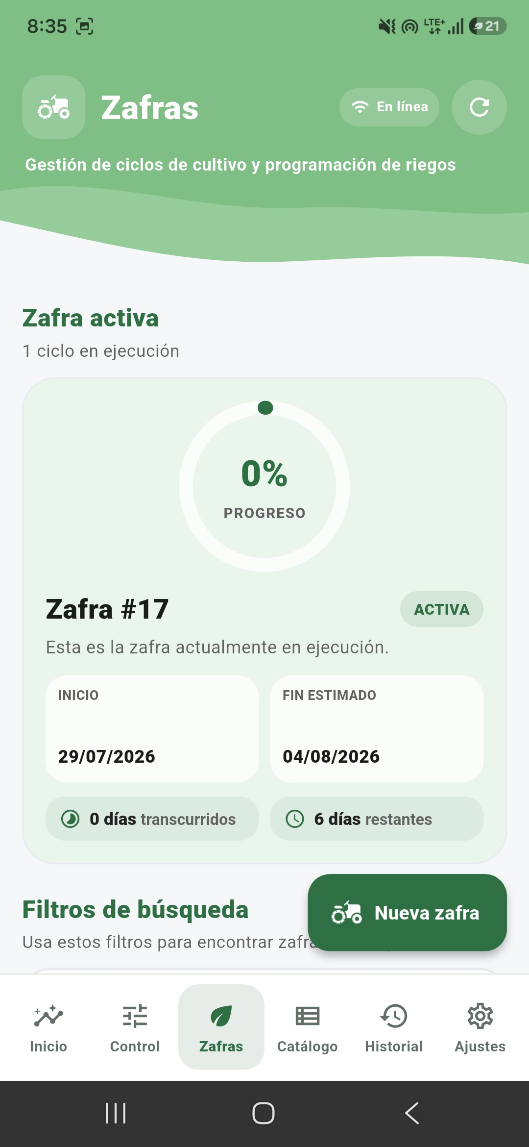Pantalla de gestión y seguimiento de zafras del sistema FVH